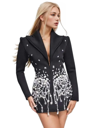 Women's Sparkly Crystal Pearls Mini Dress Black